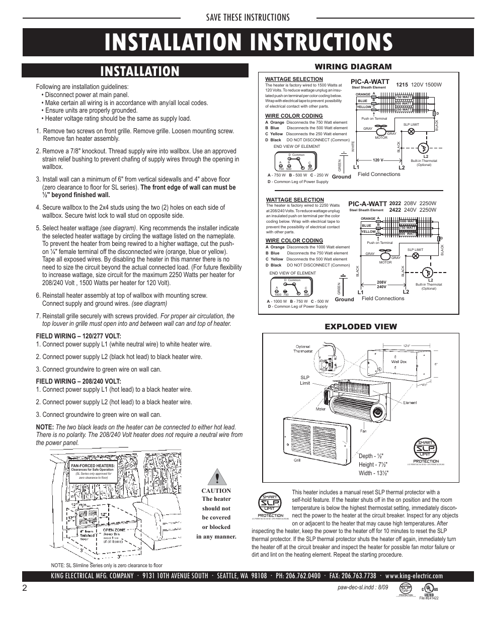 Installation instructions, Installation, Save these instructions | Exploded view wiring diagram, Pic-a-watt | King Electric Model PAW-SS User Manual | Page 2 / 5