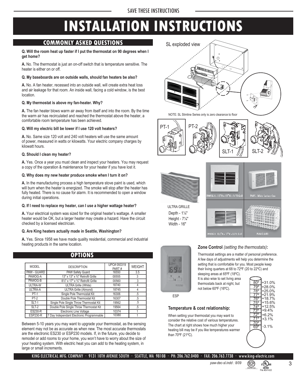 Installation instructions, Save these instructions, Options commonly asked questions | Pt-1 pt-2, Slt-2 slt-1 sl exploded view | King Electric Model PAW-SS User Manual | Page 3 / 5