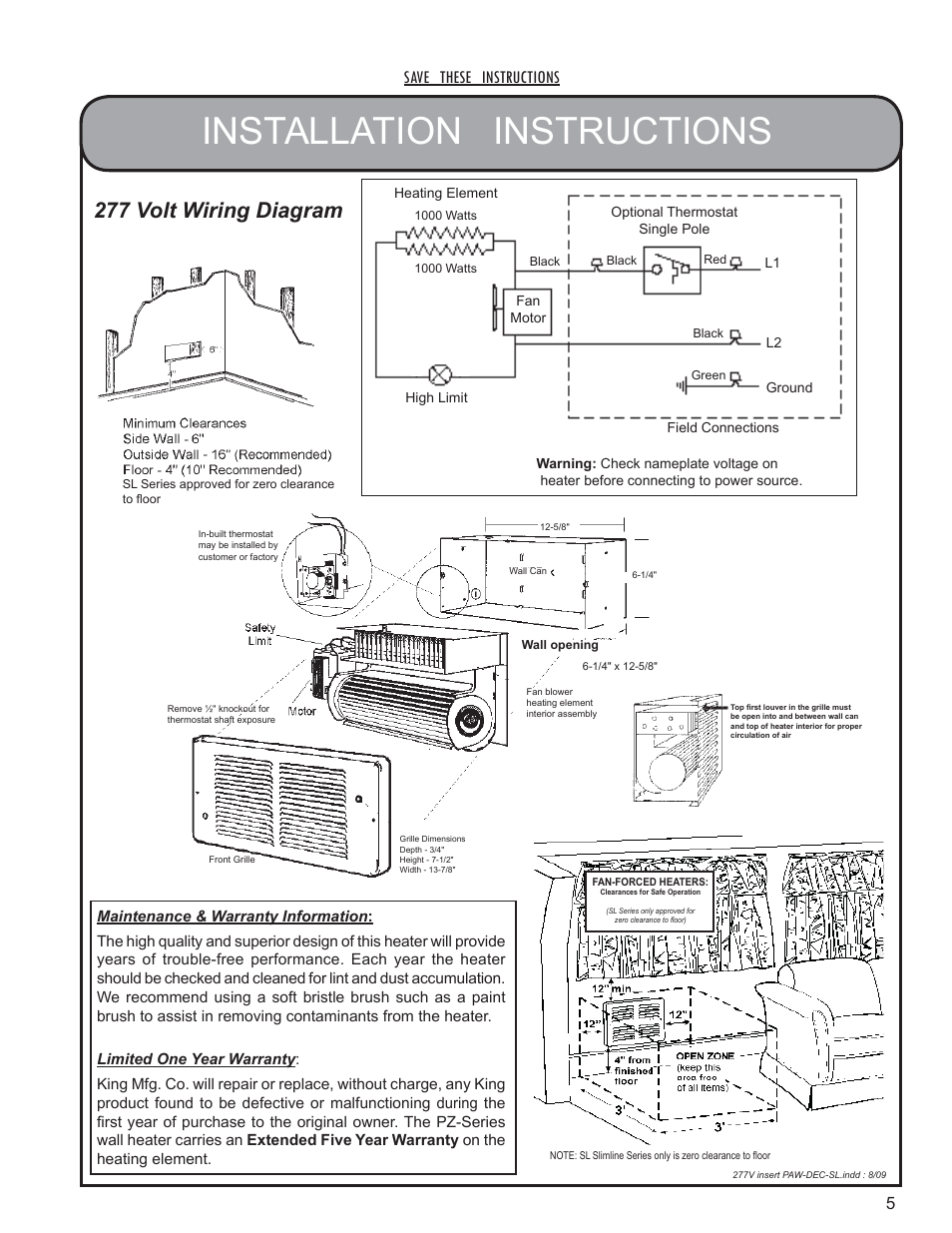 Installation instructions, 277 volt wiring diagram, Save these instructions | King Electric Model PAW-SS User Manual | Page 5 / 5