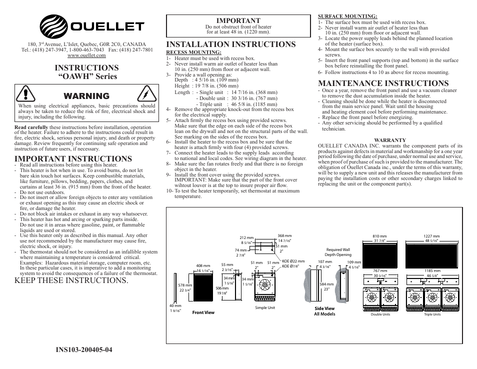 King Electric Model KAWH User Manual | 1 page