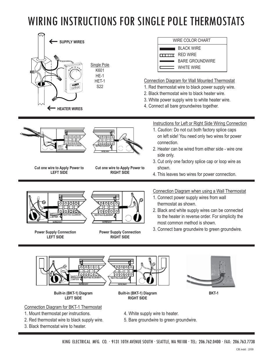 Wiring instructions for single pole thermostats | King Electric Model CB User Manual | Page 2 / 4