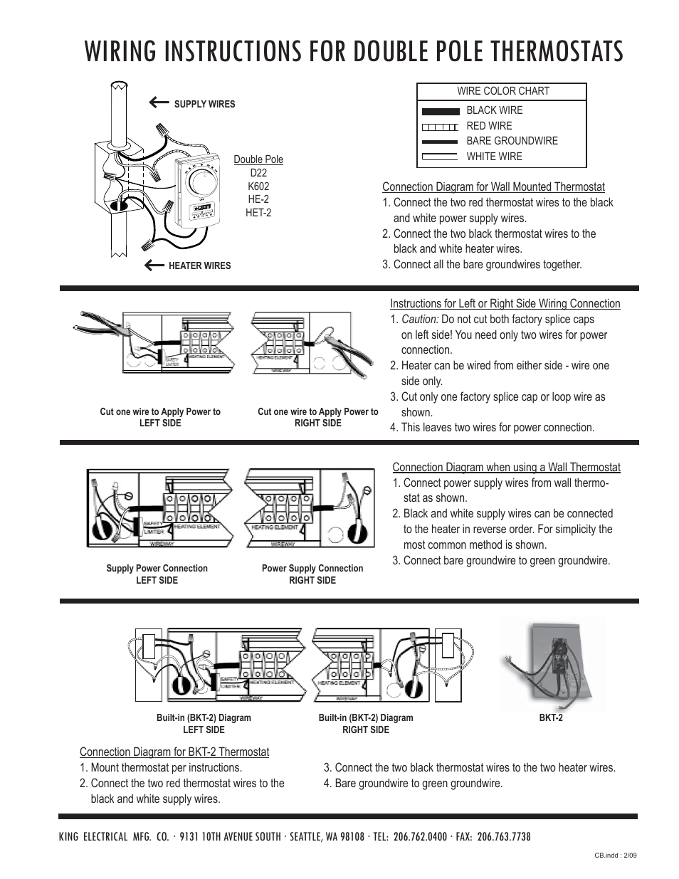 Wiring instructions for double pole thermostats | King Electric Model CB User Manual | Page 3 / 4