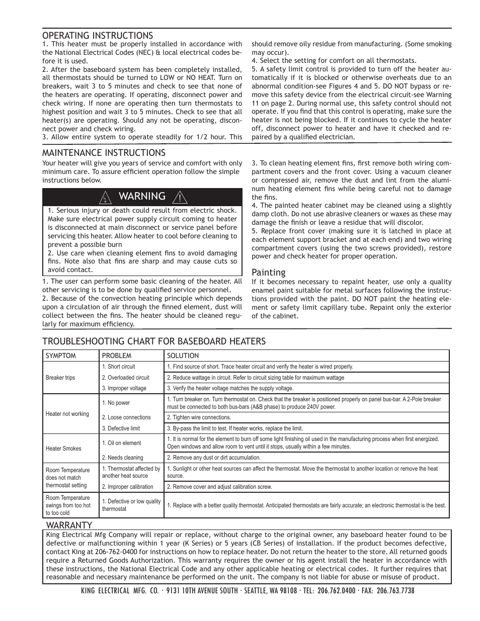 Warning, Warranty, Troubleshooting chart for baseboard heaters | Operating instructions | King Electric Model K User Manual | Page 4 / 4