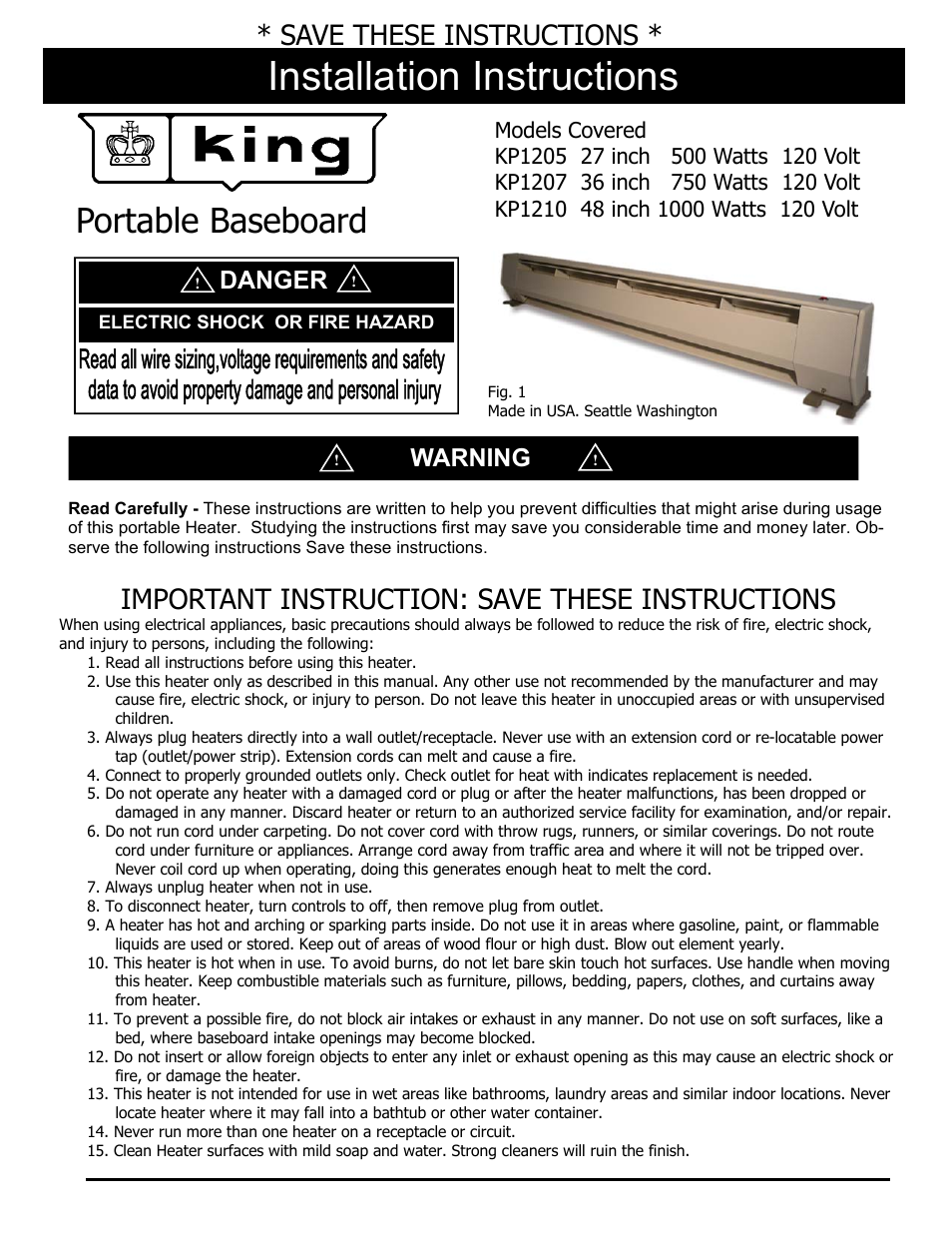 King Electric Model KP User Manual | 4 pages