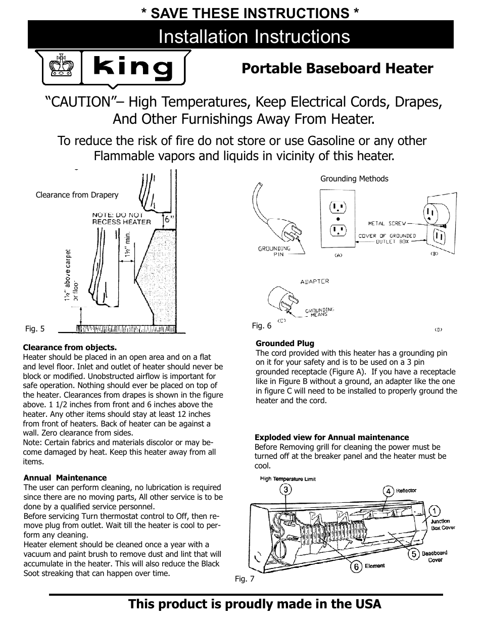 Installation instructions, Portable baseboard heater, Save these instructions | This product is proudly made in the usa | King Electric Model KP User Manual | Page 3 / 4