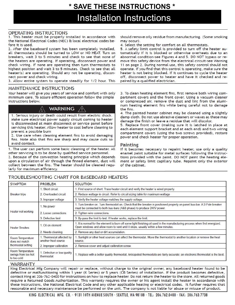 Installation instructions | King Electric Model KP User Manual | Page 4 / 4