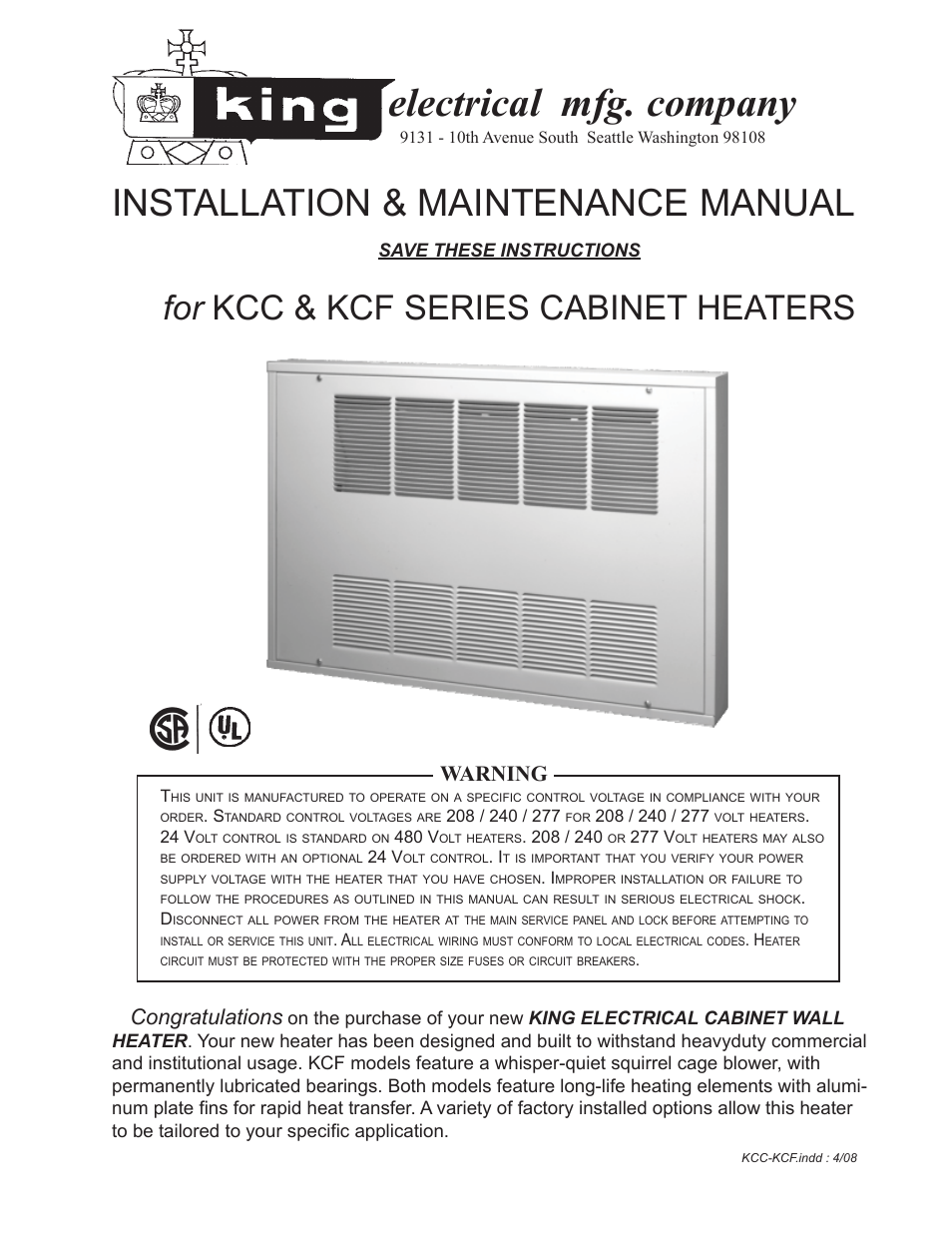King Electric Model KCF Safe Touch User Manual | 4 pages