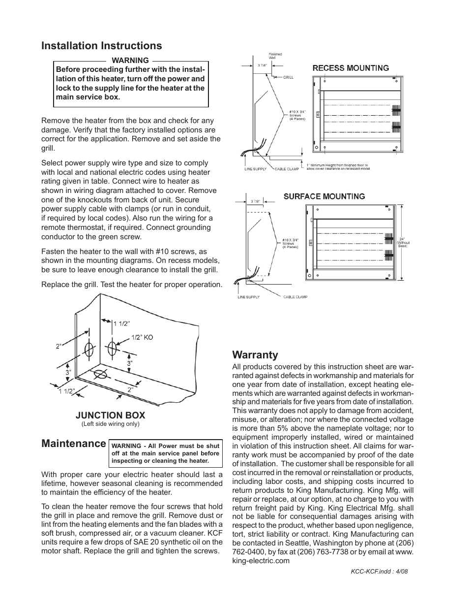Installation instructions, Warranty, Maintenance | King Electric Model KCF Safe Touch User Manual | Page 2 / 4