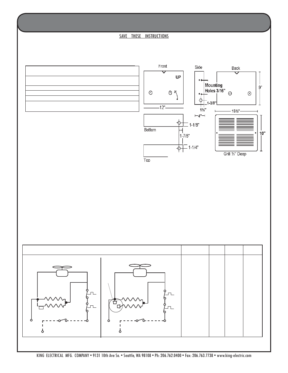Installation instructions, Whfc - heater wiring diagram, Options | Features, Save these instructions | King Electric Model WHFC User Manual | Page 2 / 2