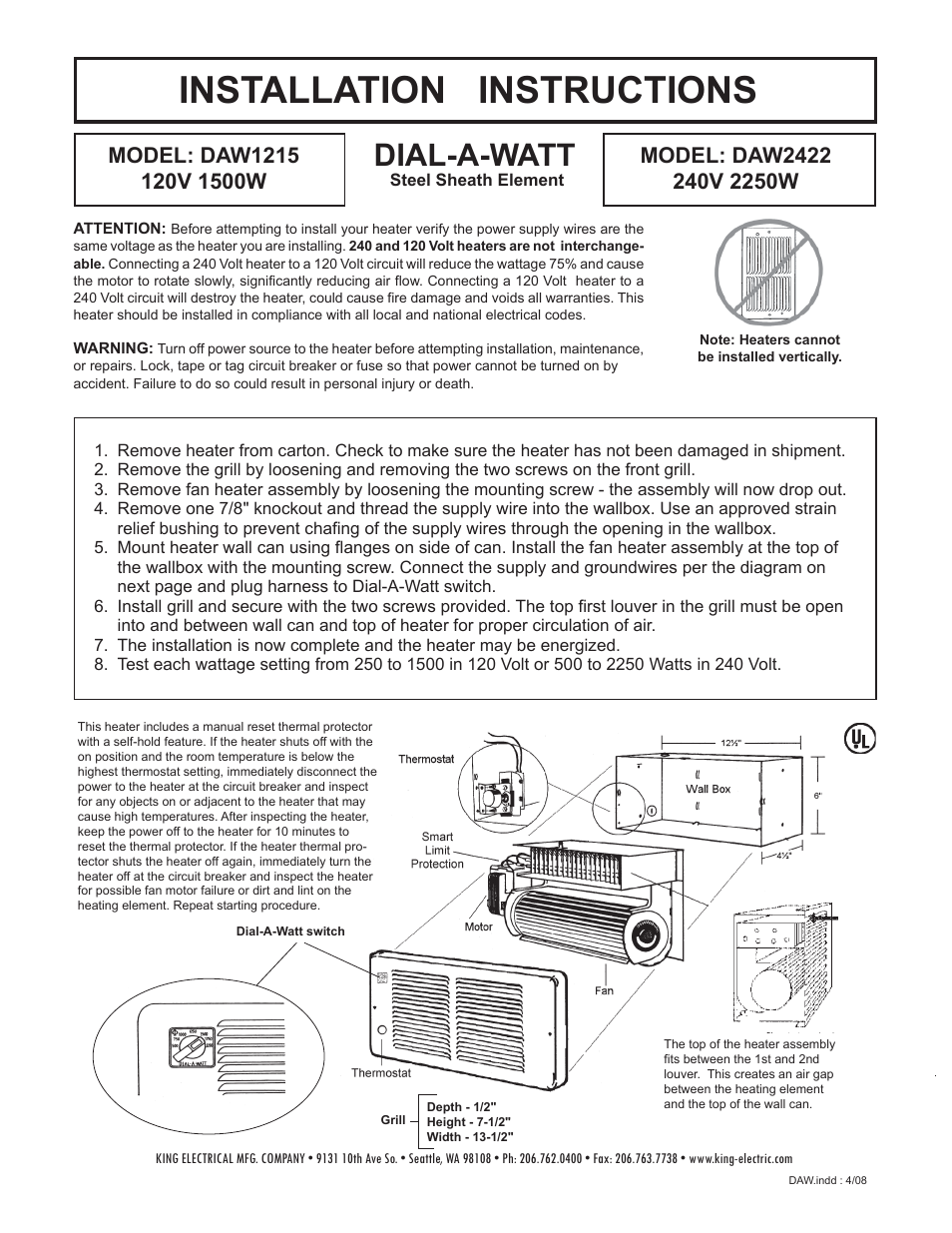 King Electric Model DAW-SS User Manual | 2 pages