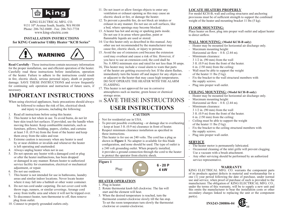 King Electric Model KCH User Manual | 1 page