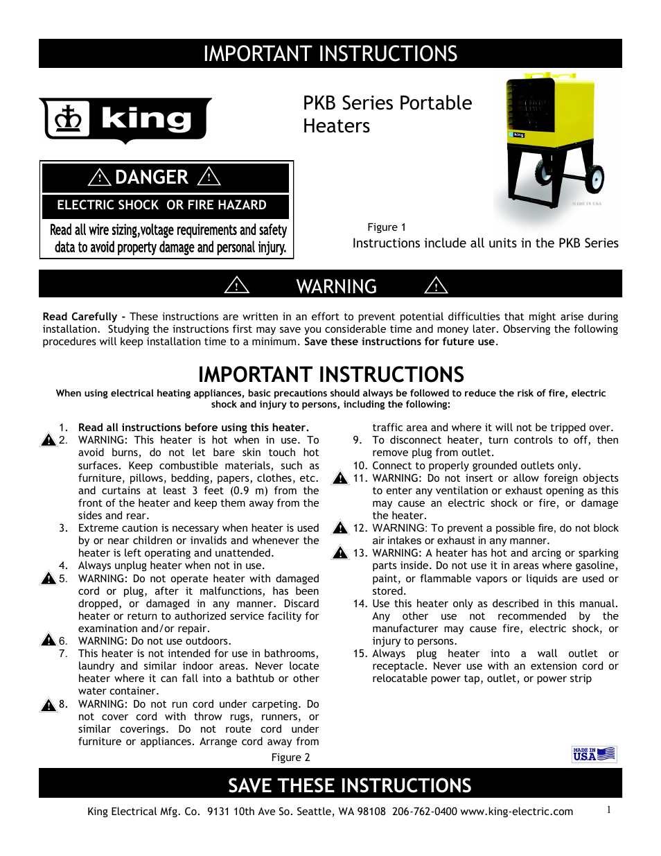 King Electric Model PKB User Manual | 4 pages