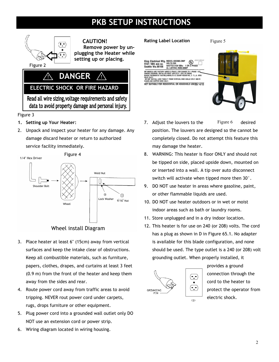Pkb setup instructions, Danger | King Electric Model PKB User Manual | Page 2 / 4