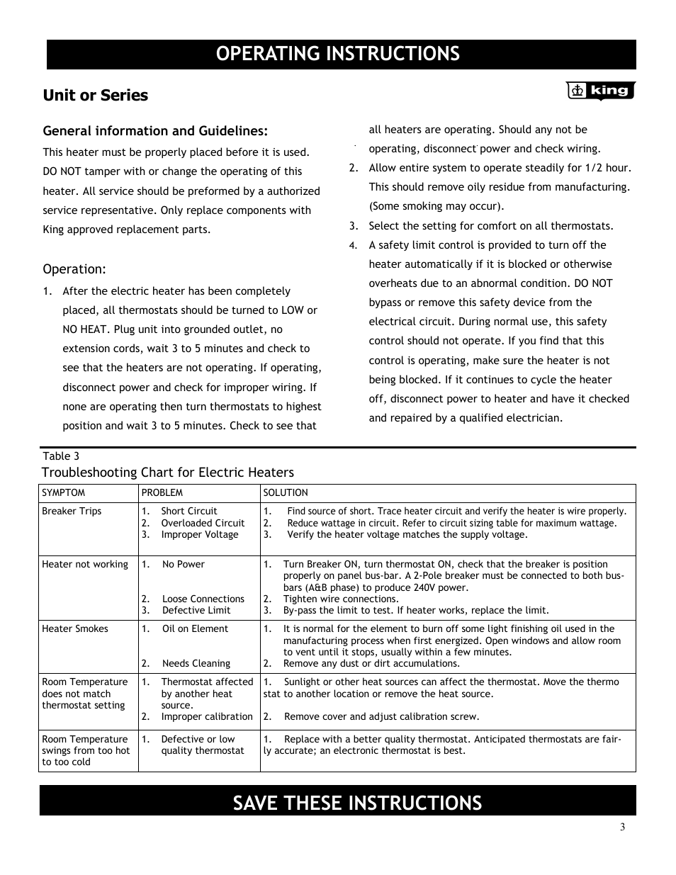 Operating instructions, Save these instructions, Unit or series | King Electric Model PKB User Manual | Page 3 / 4
