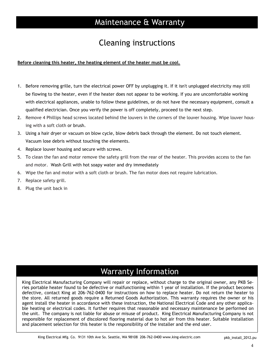 Maintenance & warranty, Warranty information, Cleaning instructions | King Electric Model PKB User Manual | Page 4 / 4
