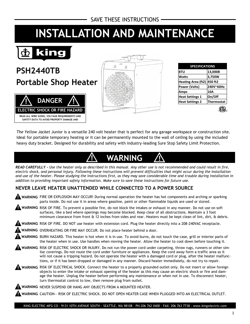 King Electric Model PSH2440TB User Manual | 5 pages