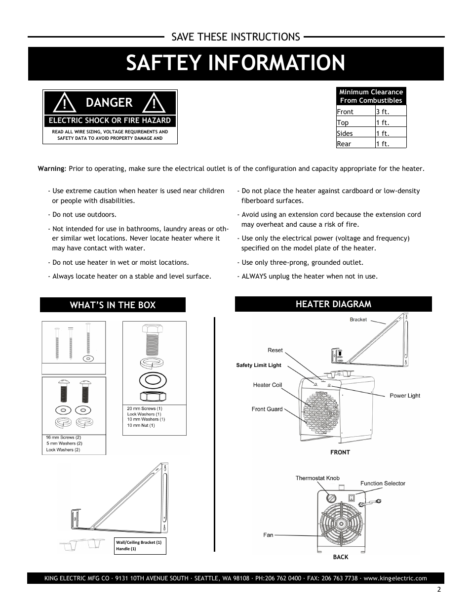 Saftey information, Danger, Save these instructions | King Electric Model PSH2440TB User Manual | Page 2 / 5