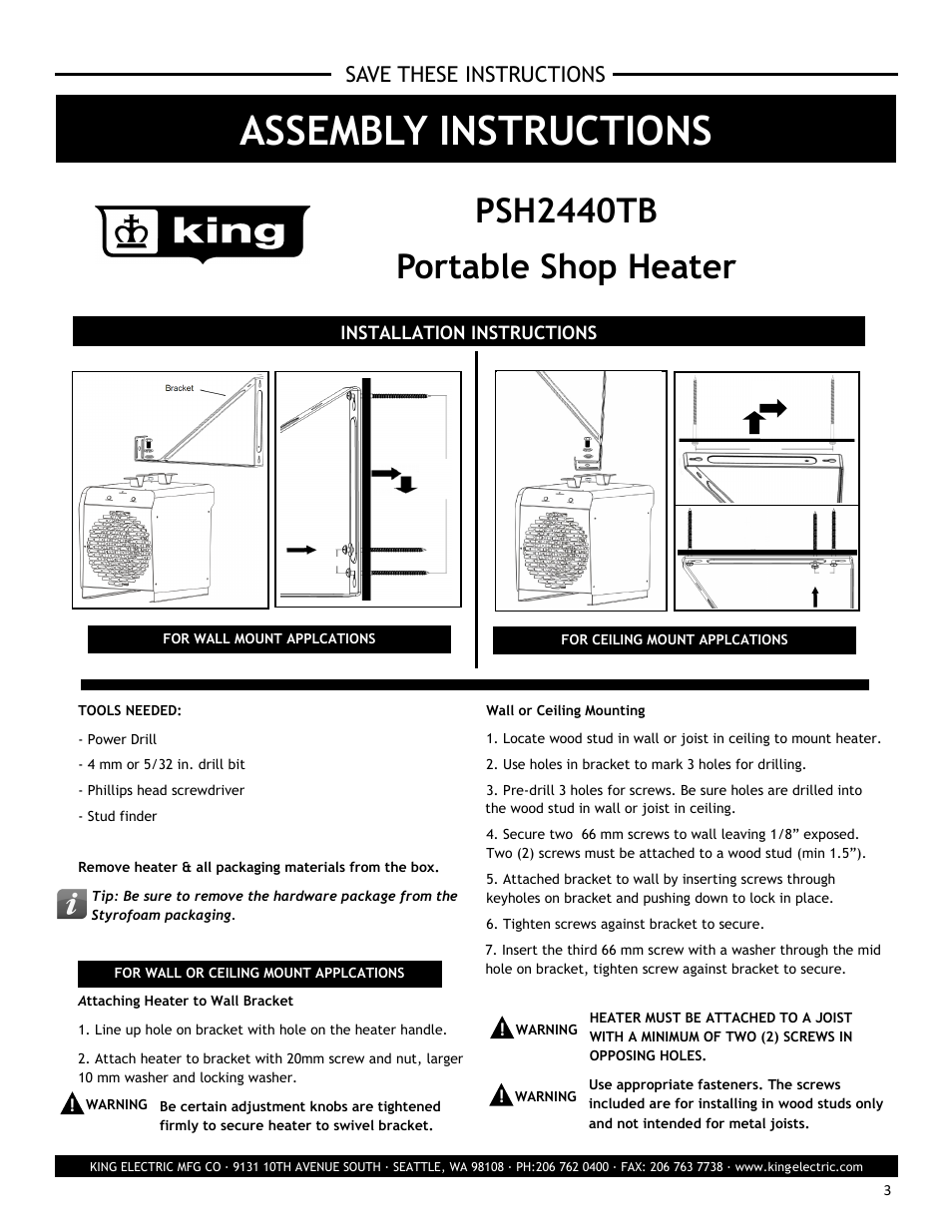 Assembly instructions, Psh2440tb portable shop heater, Save these instructions | King Electric Model PSH2440TB User Manual | Page 3 / 5