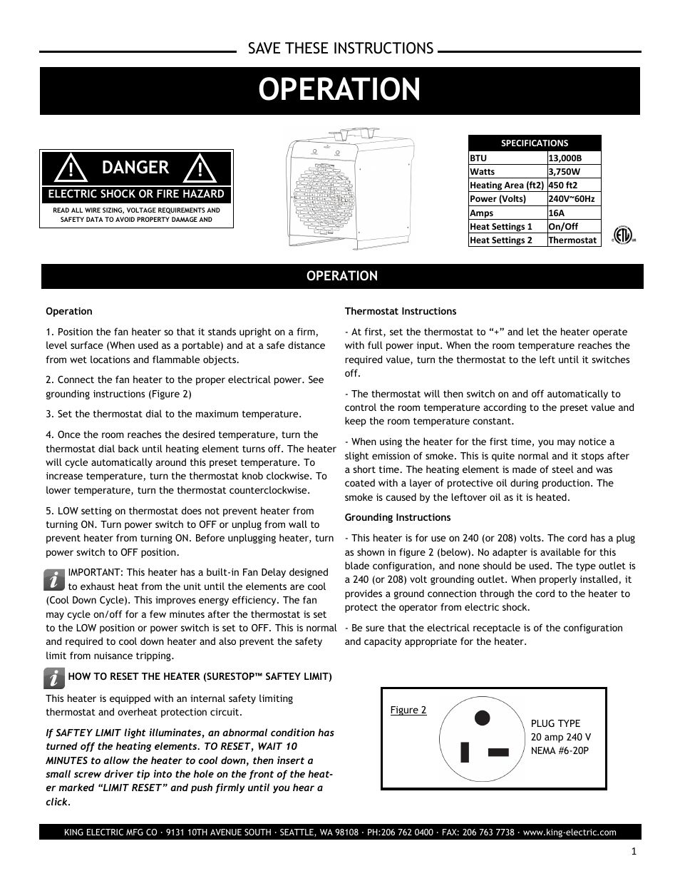 Operation, Danger, Save these instructions | King Electric Model PSH2440TB User Manual | Page 4 / 5