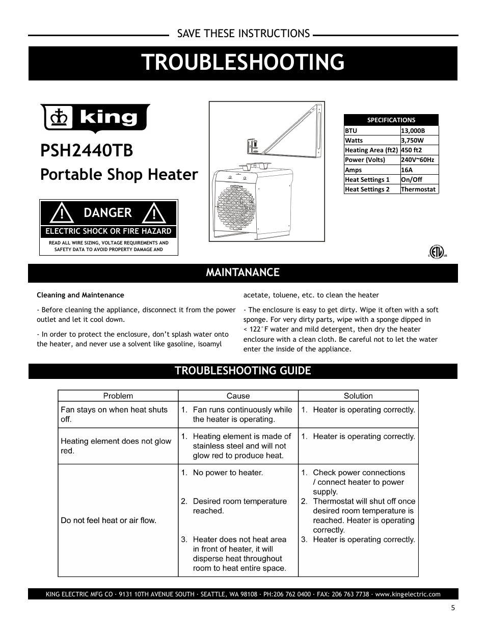 Troubleshooting, Psh2440tb, Portable shop heater | Danger | King Electric Model PSH2440TB User Manual | Page 5 / 5