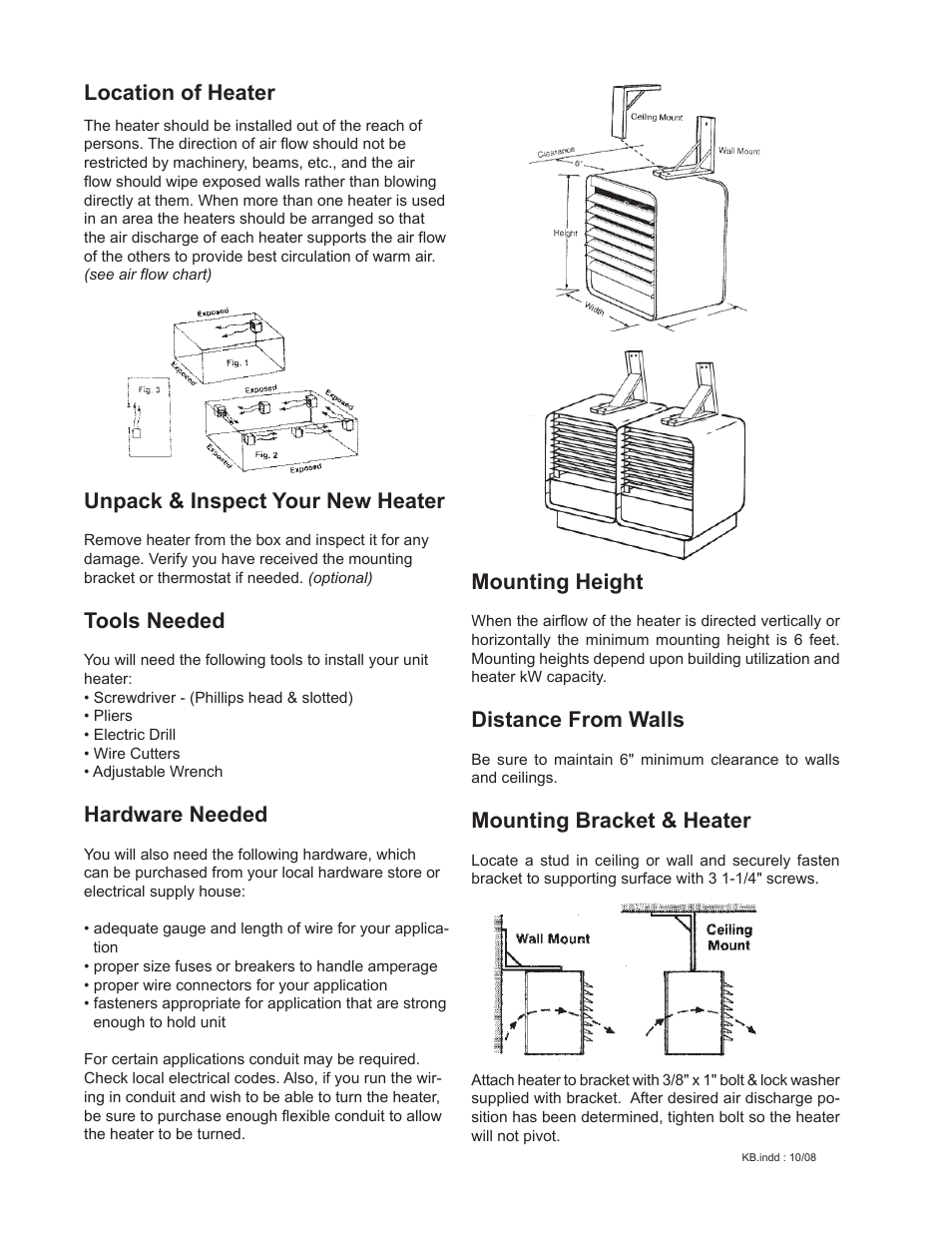 Unpack & inspect your new heater, Tools needed, Hardware needed | Mounting height, Distance from walls, Mounting bracket & heater, Location of heater | King Electric Model KBS User Manual | Page 2 / 3