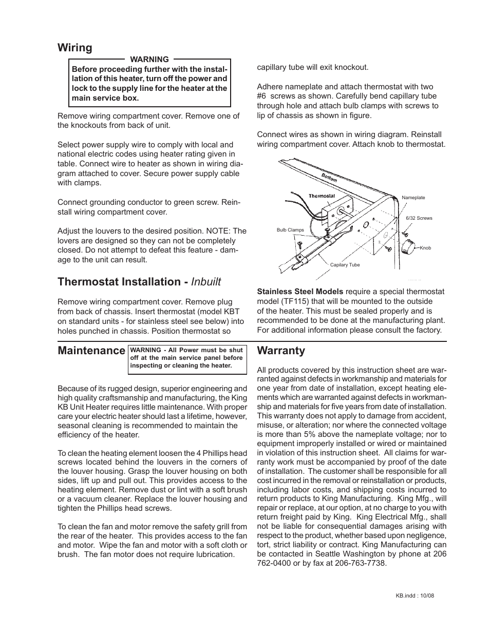 Warranty, Wiring, Thermostat installation - inbuilt | Maintenance | King Electric Model KBS User Manual | Page 3 / 3