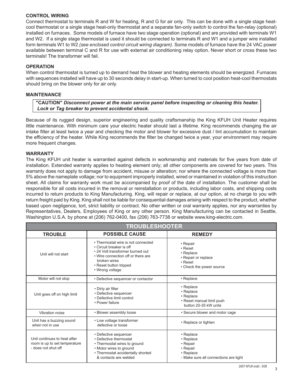 Troubleshooter | King Electric Model KFUH User Manual | Page 3 / 4
