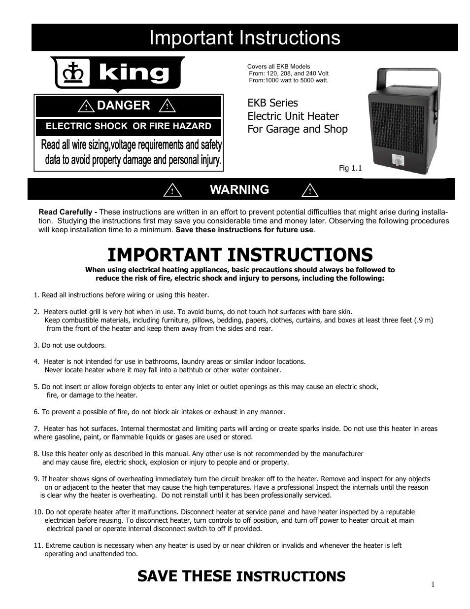 King Electric Model EKB User Manual | 4 pages