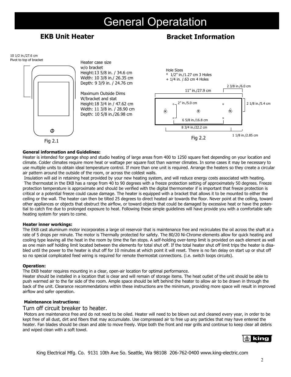 General operatation, Ekb unit heater, Bracket information | Turn off circuit breaker to heater | King Electric Model EKB User Manual | Page 2 / 4