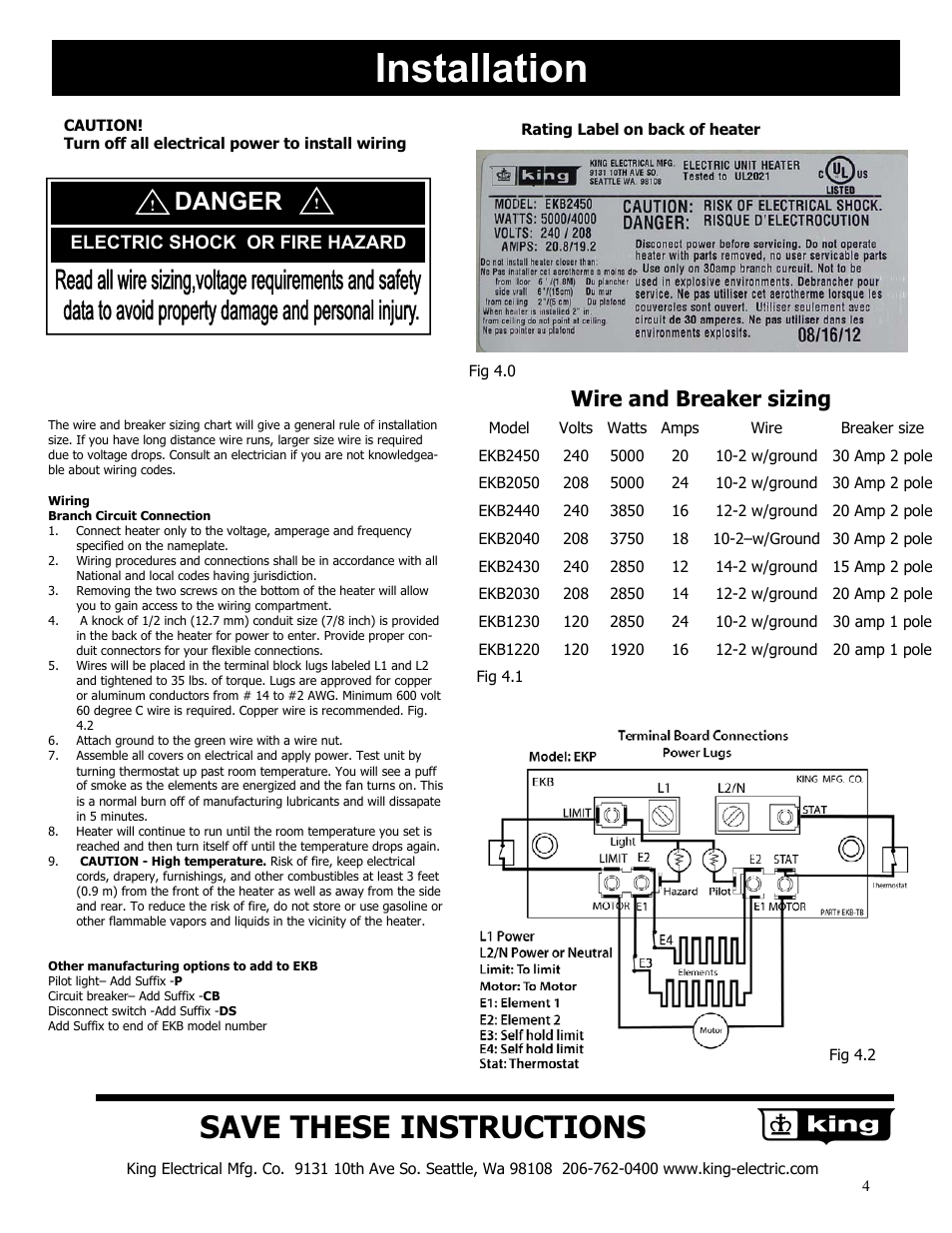 Installation, Save these instructions, Danger | Wire and breaker sizing | King Electric Model EKB User Manual | Page 4 / 4