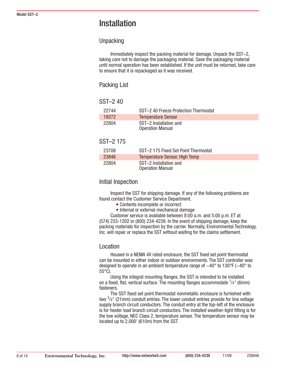 Installation, Unpacking, Packing list sst–2 40 | Sst–2 175, Initial inspection, Location | King Electric SST 2 User Manual | Page 6 / 14