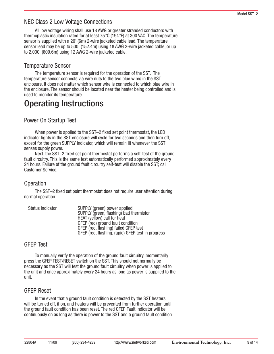 Operating instructions, Nec class 2 low voltage connections, Temperature sensor | Power on startup test, Operation, Gfep test, Gfep reset | King Electric SST 2 User Manual | Page 9 / 14