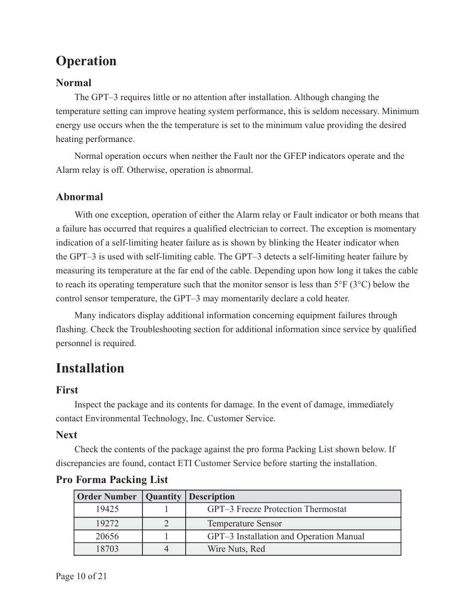 Operation, Installation | King Electric GPT 3 User Manual | Page 10 / 21