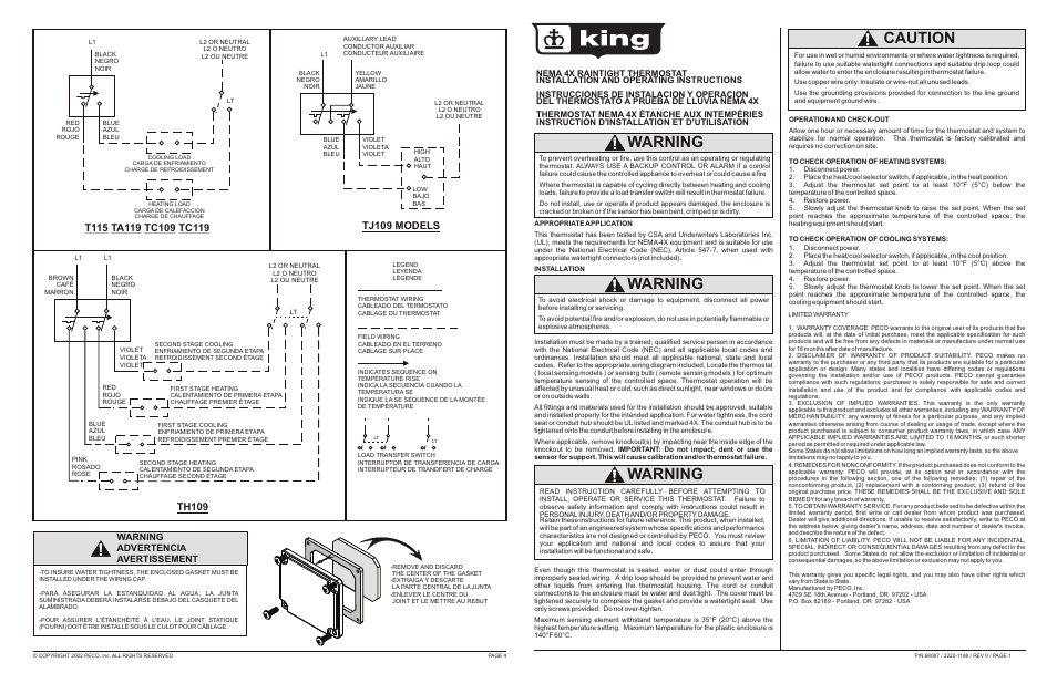 King Electric N.E.M.A.4X TH109 User Manual | 2 pages