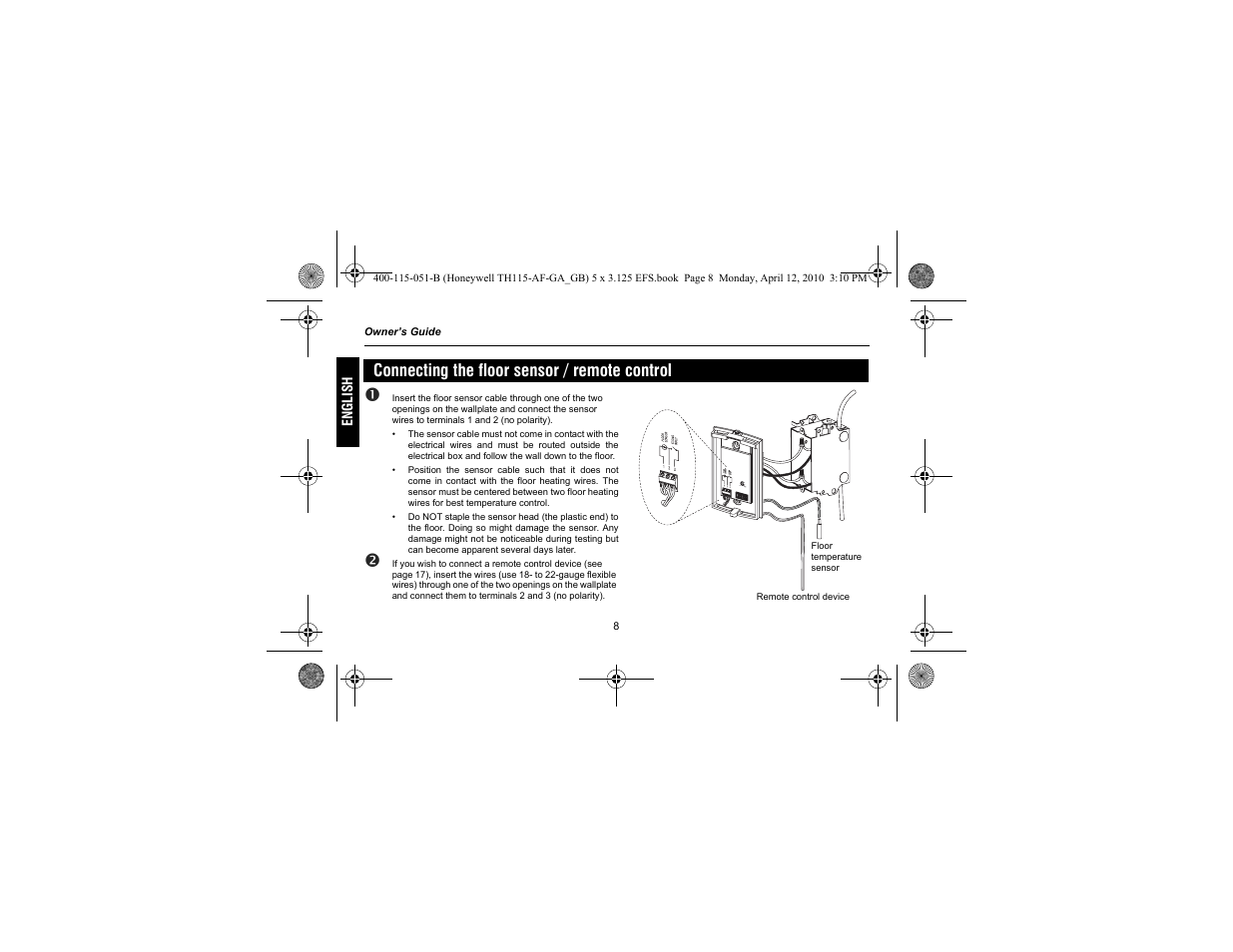 Connecting the floor sensor / remote control | King Electric TH115-AF-GA Electronic Programmable User Manual | Page 10 / 76