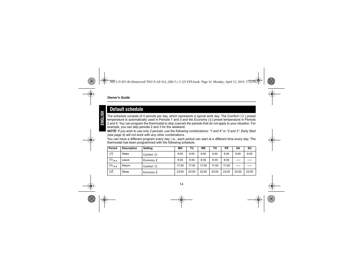 Default schedule | King Electric TH115-AF-GA Electronic Programmable User Manual | Page 16 / 76