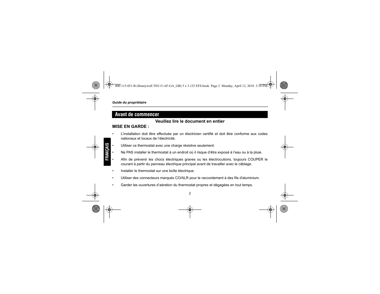 Avant de commencer | King Electric TH115-AF-GA Electronic Programmable User Manual | Page 28 / 76