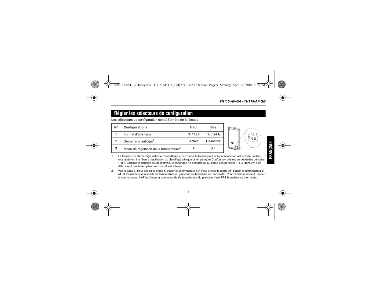 Régler les sélecteurs de configuration | King Electric TH115-AF-GA Electronic Programmable User Manual | Page 35 / 76