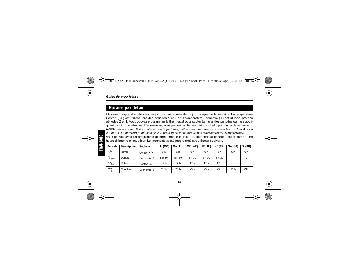 Horaire par défaut | King Electric TH115-AF-GA Electronic Programmable User Manual | Page 40 / 76