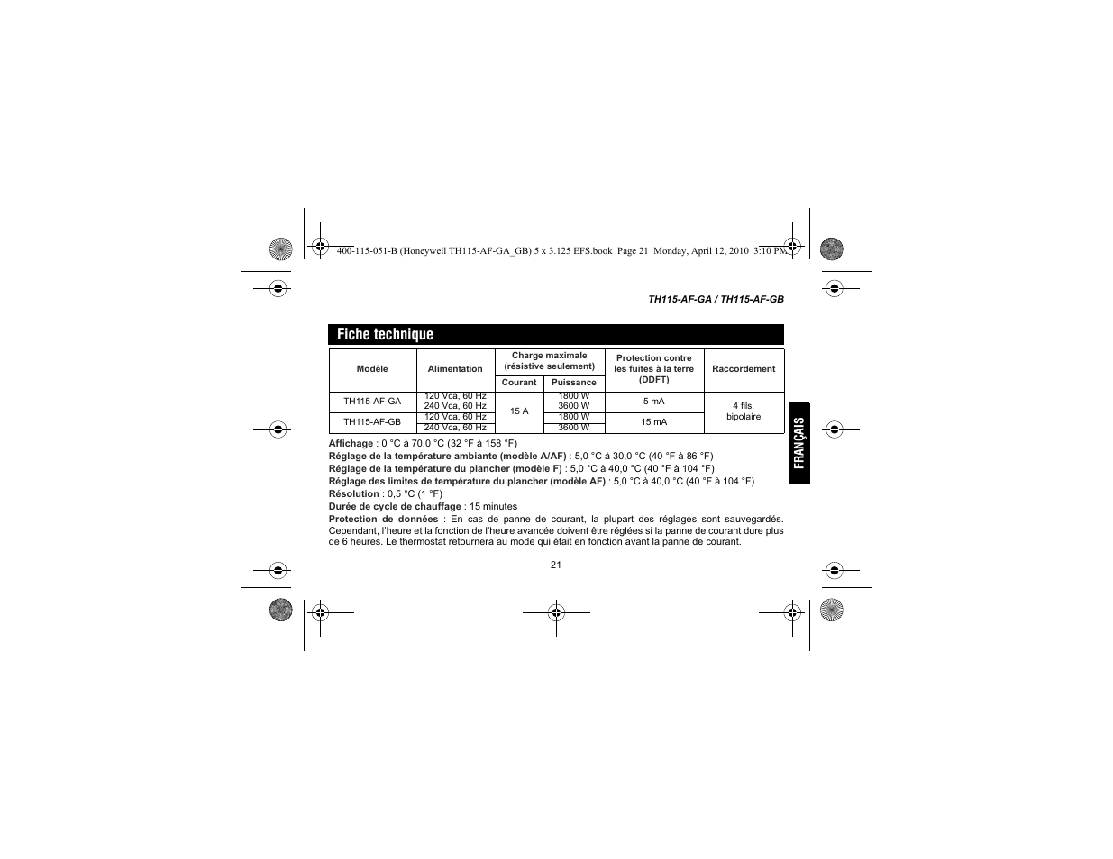 Fiche technique | King Electric TH115-AF-GA Electronic Programmable User Manual | Page 47 / 76