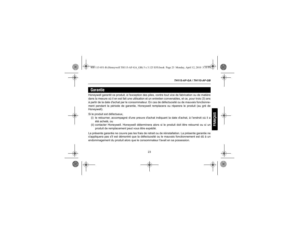 Garantie | King Electric TH115-AF-GA Electronic Programmable User Manual | Page 49 / 76