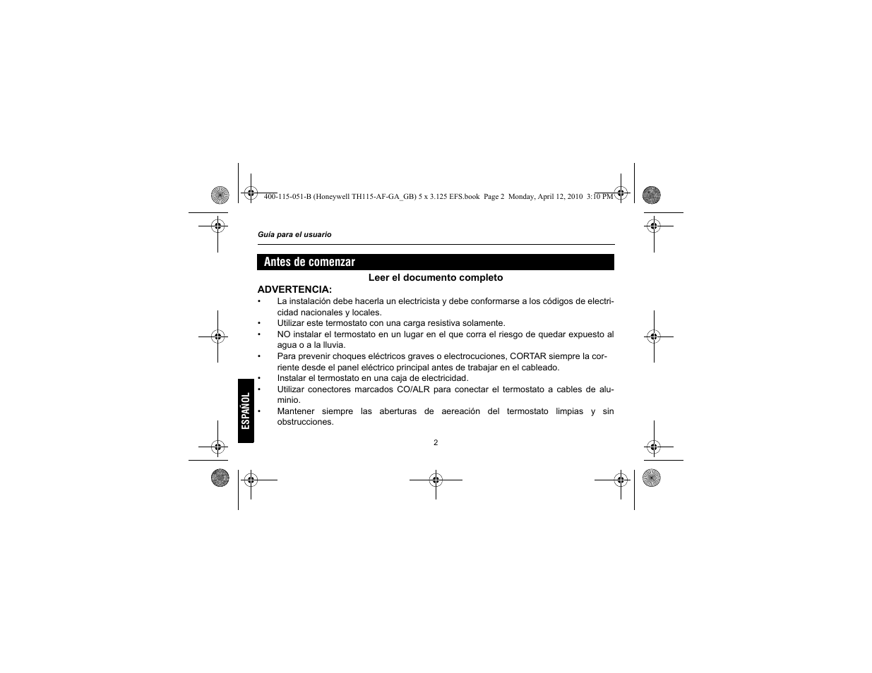 Antes de comenzar | King Electric TH115-AF-GA Electronic Programmable User Manual | Page 52 / 76