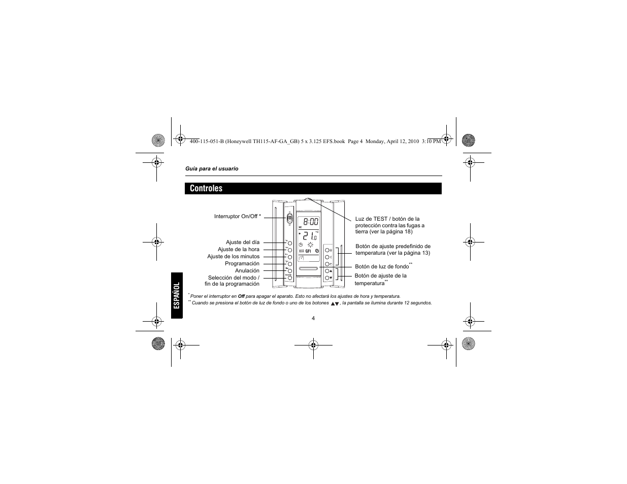 Controles | King Electric TH115-AF-GA Electronic Programmable User Manual | Page 54 / 76