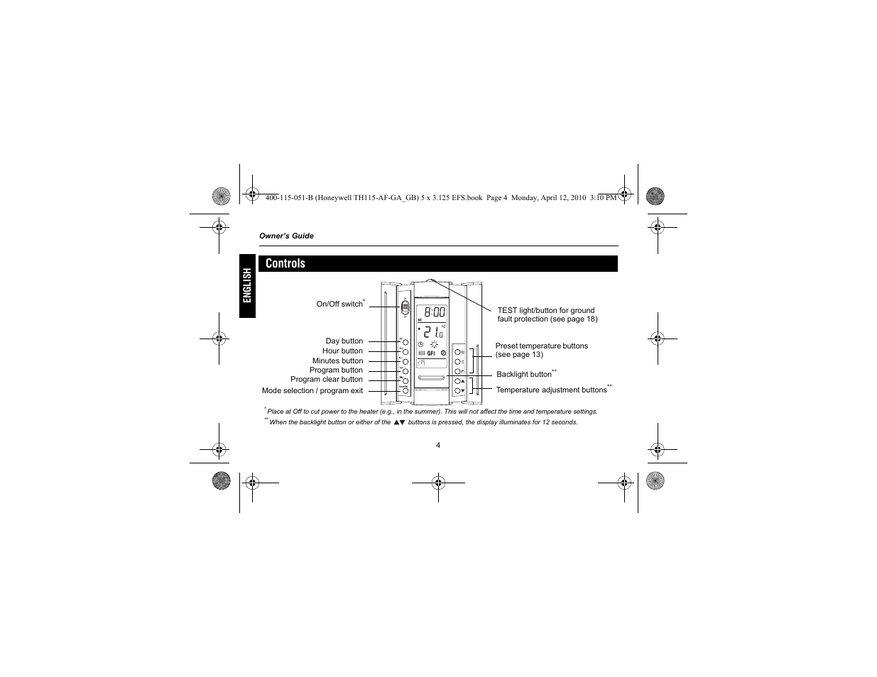 Controls | King Electric TH115-AF-GA Electronic Programmable User Manual | Page 6 / 76