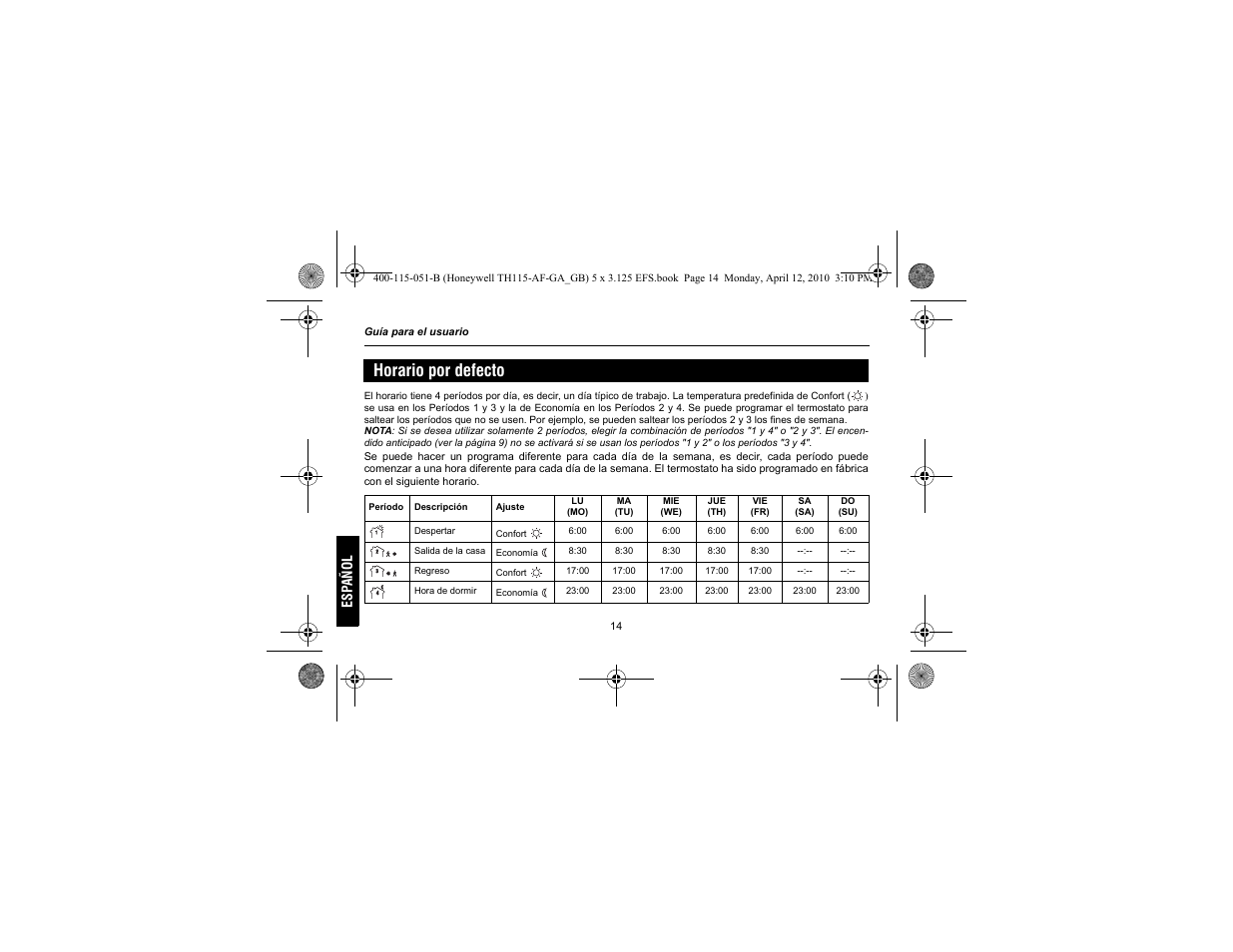 Horario por defecto | King Electric TH115-AF-GA Electronic Programmable User Manual | Page 64 / 76