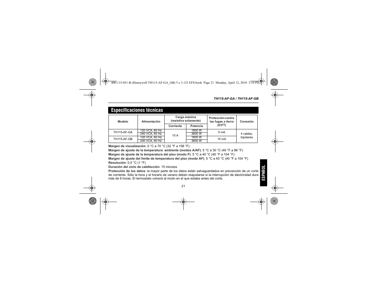 Especificaciones técnicas | King Electric TH115-AF-GA Electronic Programmable User Manual | Page 71 / 76