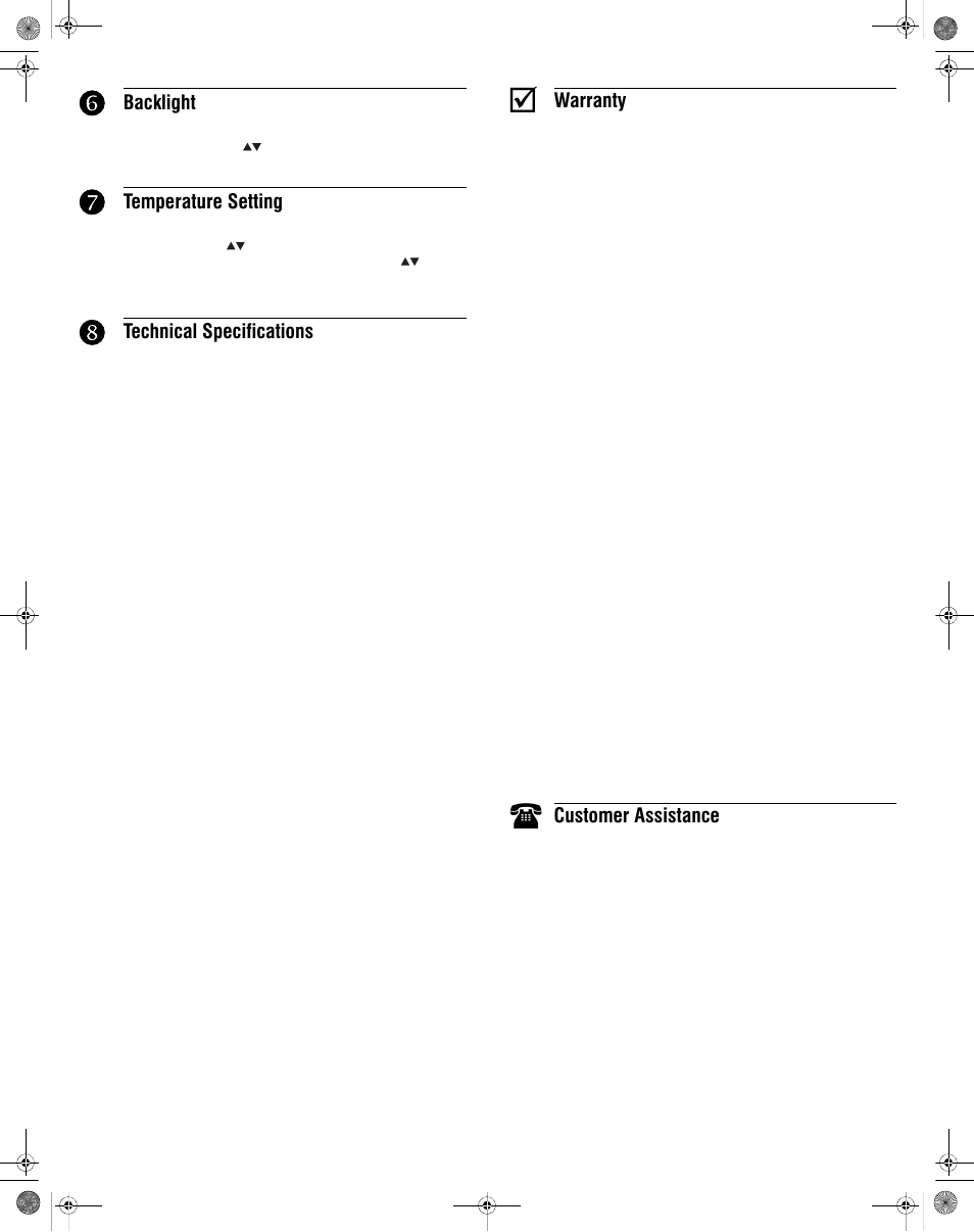 Backlight, Temperature setting, Technical specifications | Warranty, Customer assistance | King Electric TH114-AF-GA Electronic Non-Progrm User Manual | Page 2 / 2