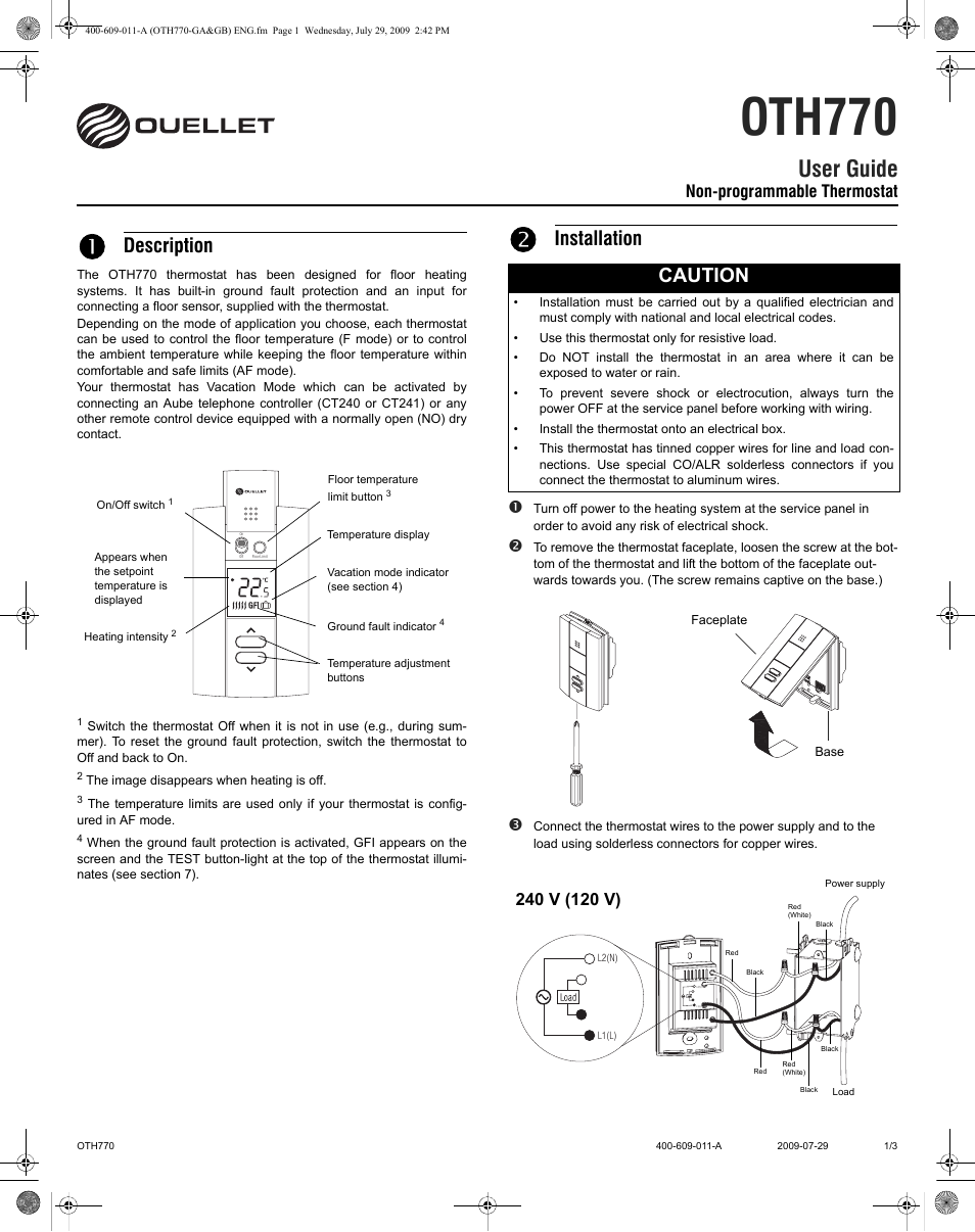 Ouellet OTH770 User Manual | 3 pages