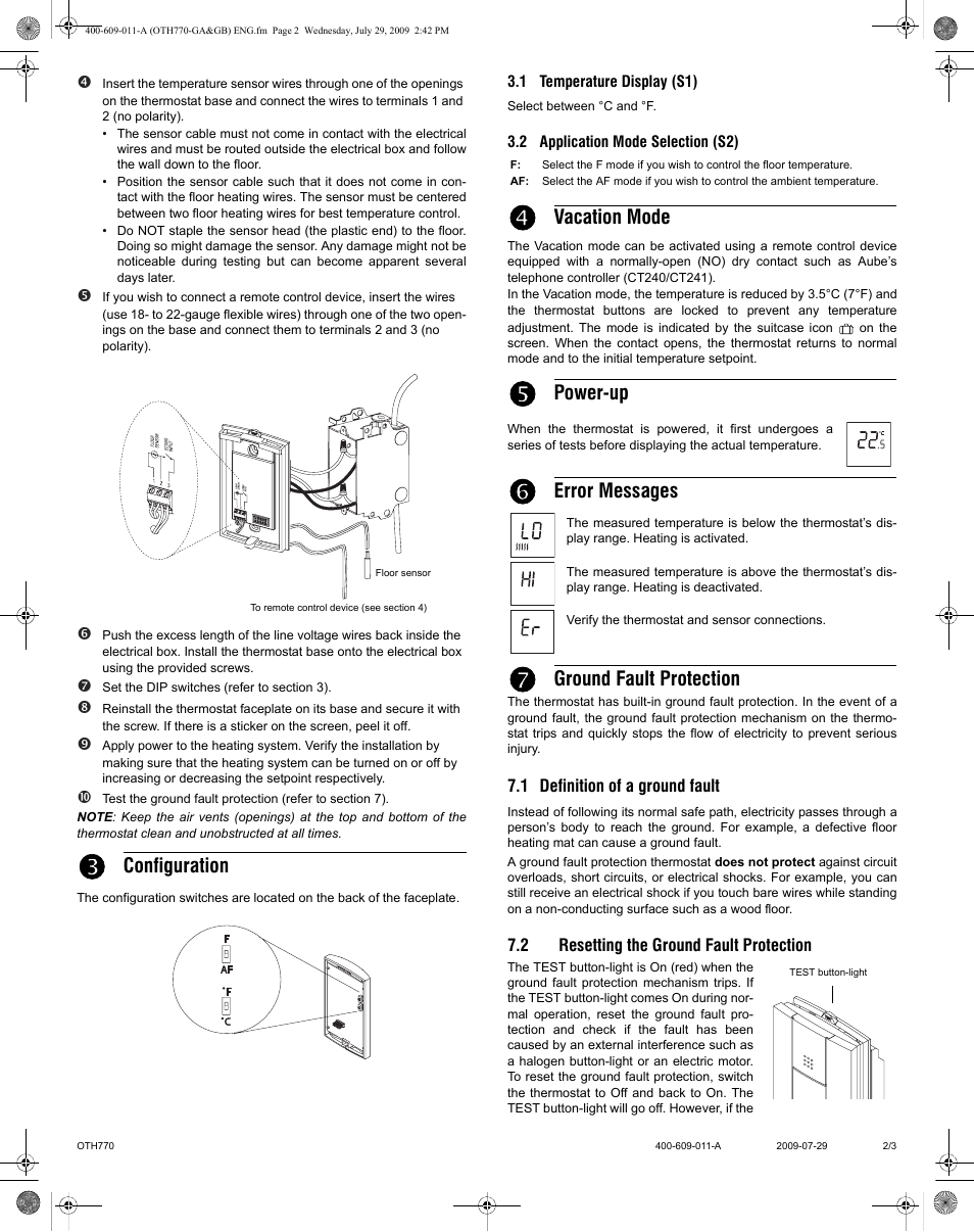 Configuration, Vacation mode, Power-up | Error messages, Ground fault protection | Ouellet OTH770 User Manual | Page 2 / 3