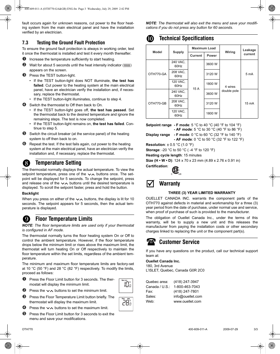 Temperature setting, Floor temperature limits, Technical specifications | Warranty, Customer service | Ouellet OTH770 User Manual | Page 3 / 3